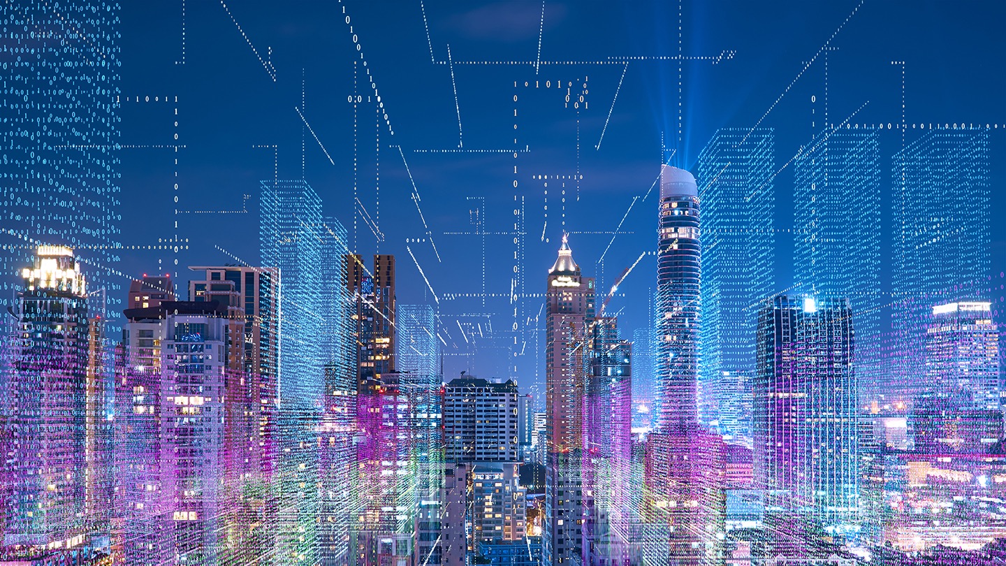 City Skyline with Data Over the Horizon