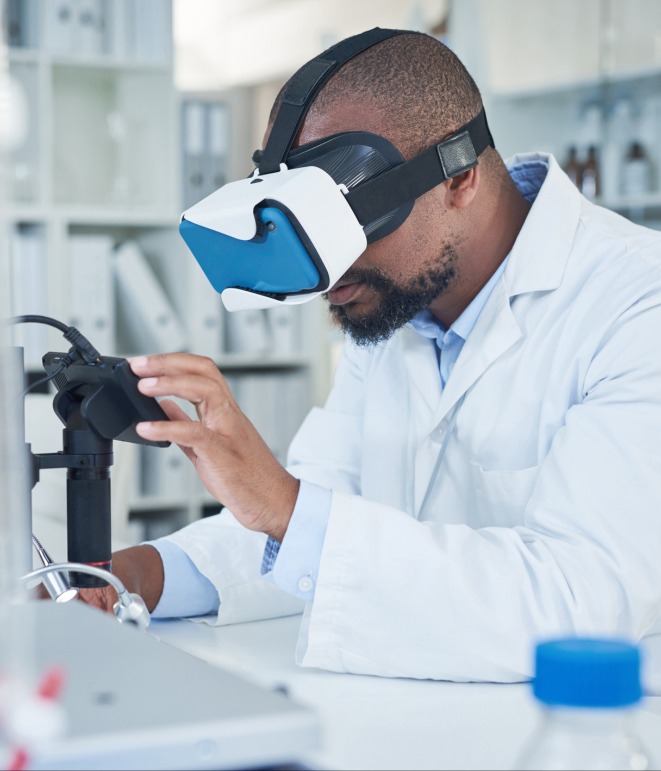 decorative image of scientist wearing VR headset while looking at data